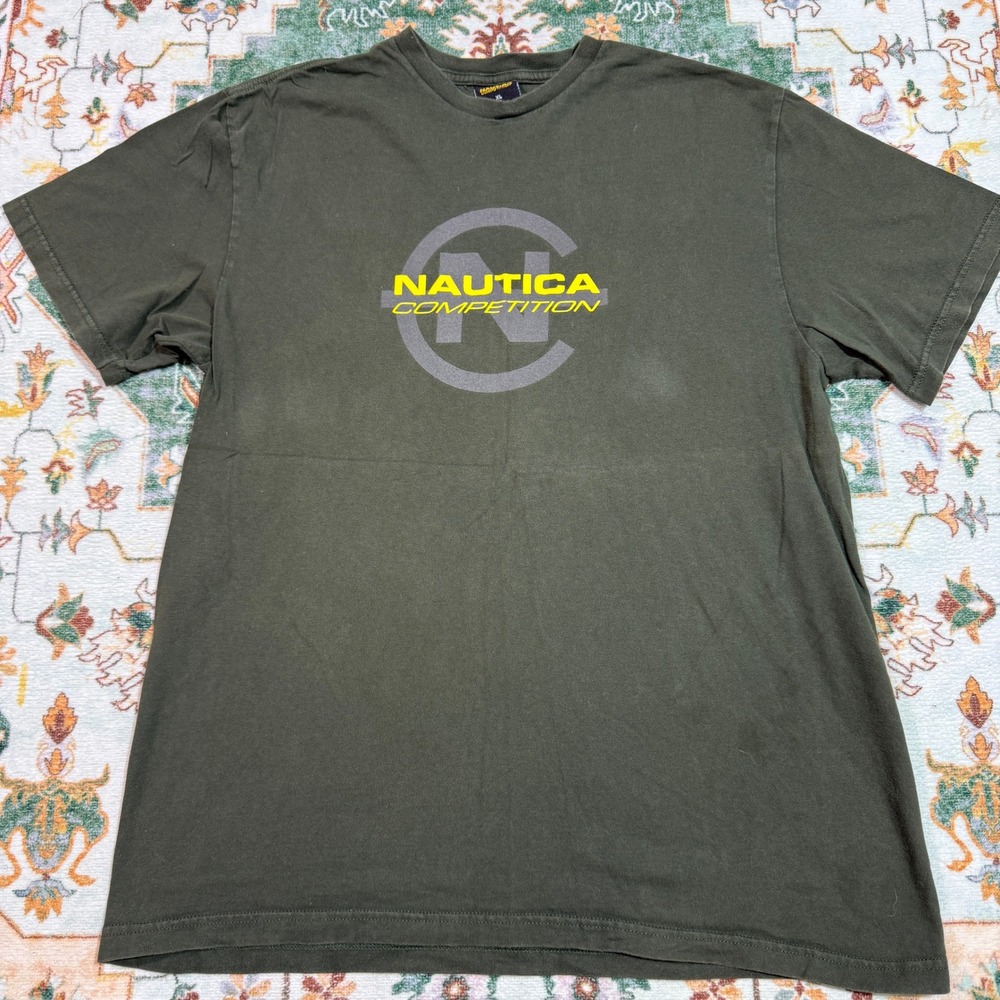 Nautica Competition XL T Shirt Olive Green Logo Cotton Made in USA Mens‎